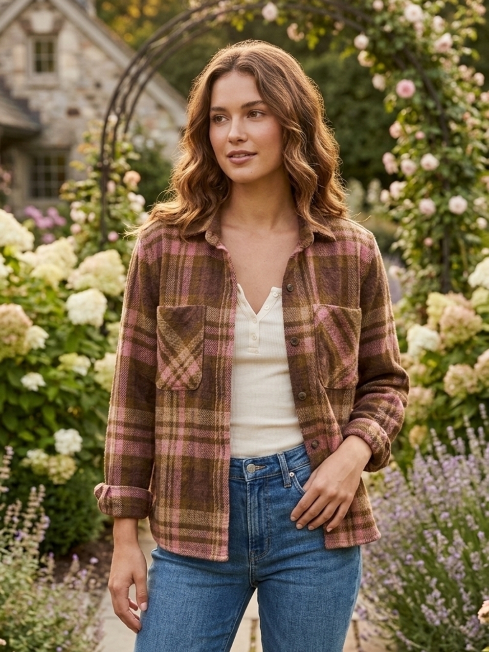 🎀Pink & Brown Plaid Button-Up Shacket